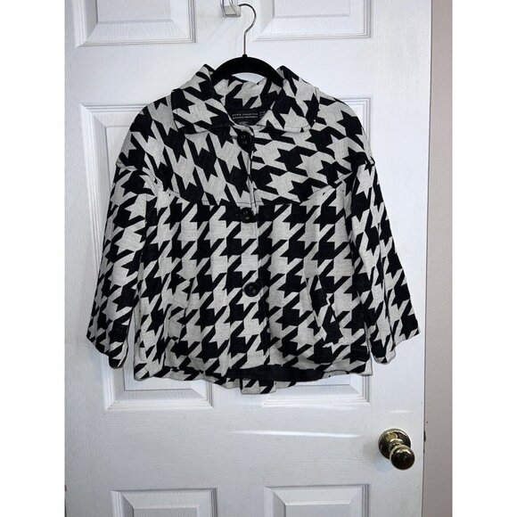 ZARA Collection Houndstooth Print 3/4 Sleeve Flare Cropped Button Jacket - Picture 2 of 9